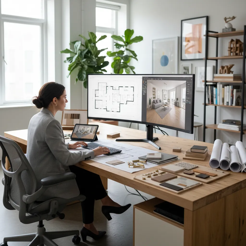 Diseñador de interiores trabajando con planos y software 3D en un estudio moderno