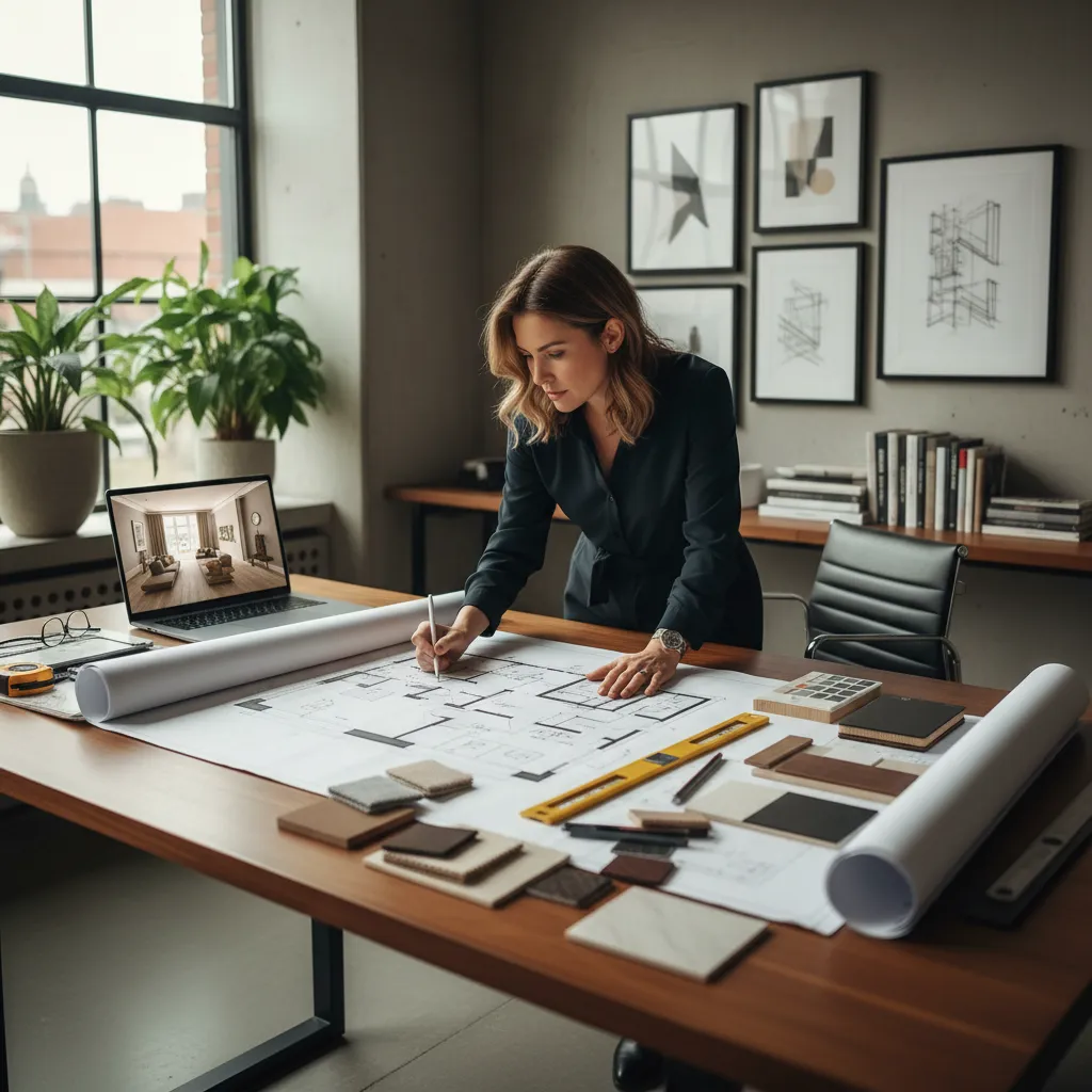 Designer drawing on floor plan with laptop and material samples on a large wooden desk