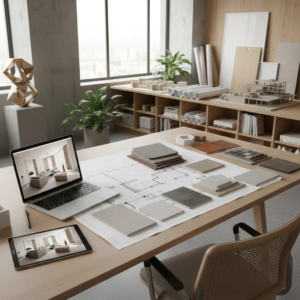 Interiorista trabajando en planos y diseño de vivienda