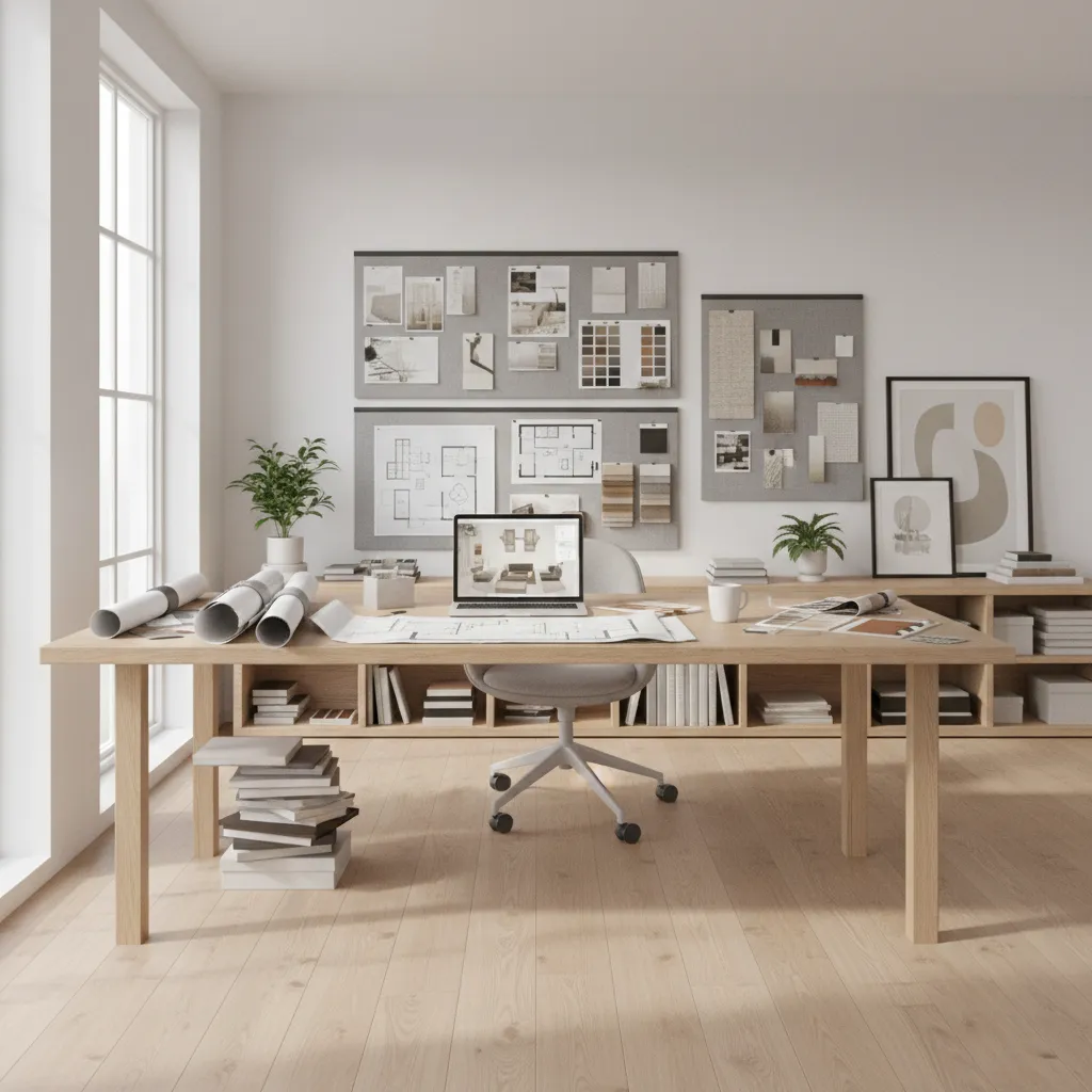 Interior designer reviewing mood boards and floor plans in modern design studio