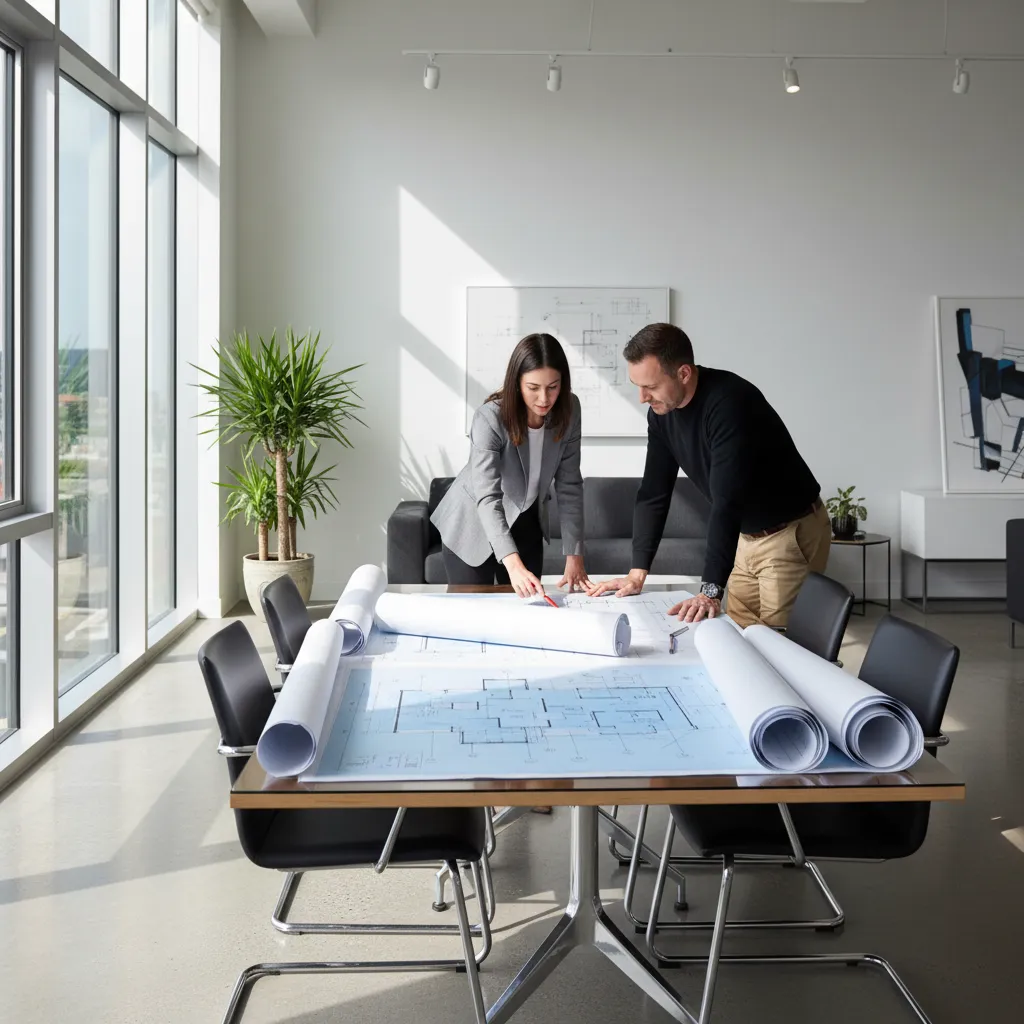 Diseñador de interiores revisando planos con un cliente en una mesa de trabajo
