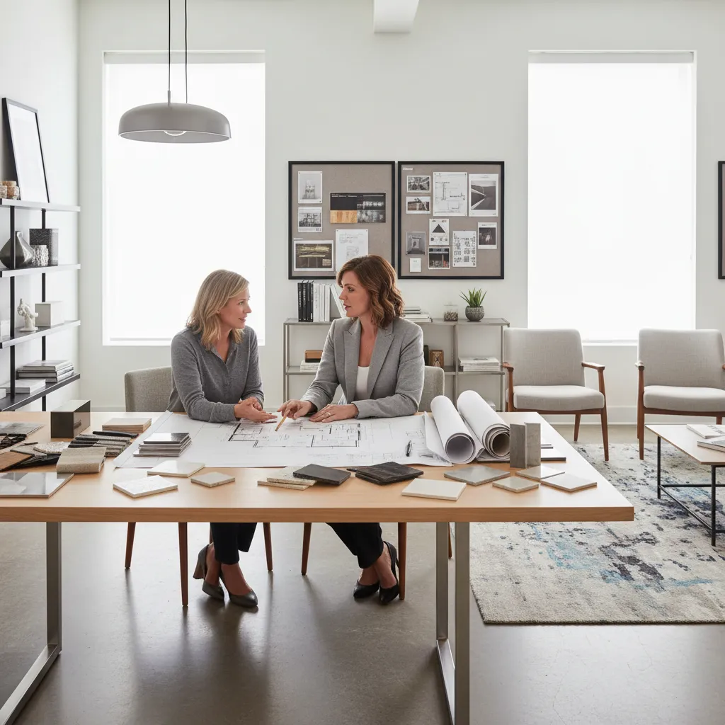 Diseñador de interiores mostrando planos a un cliente