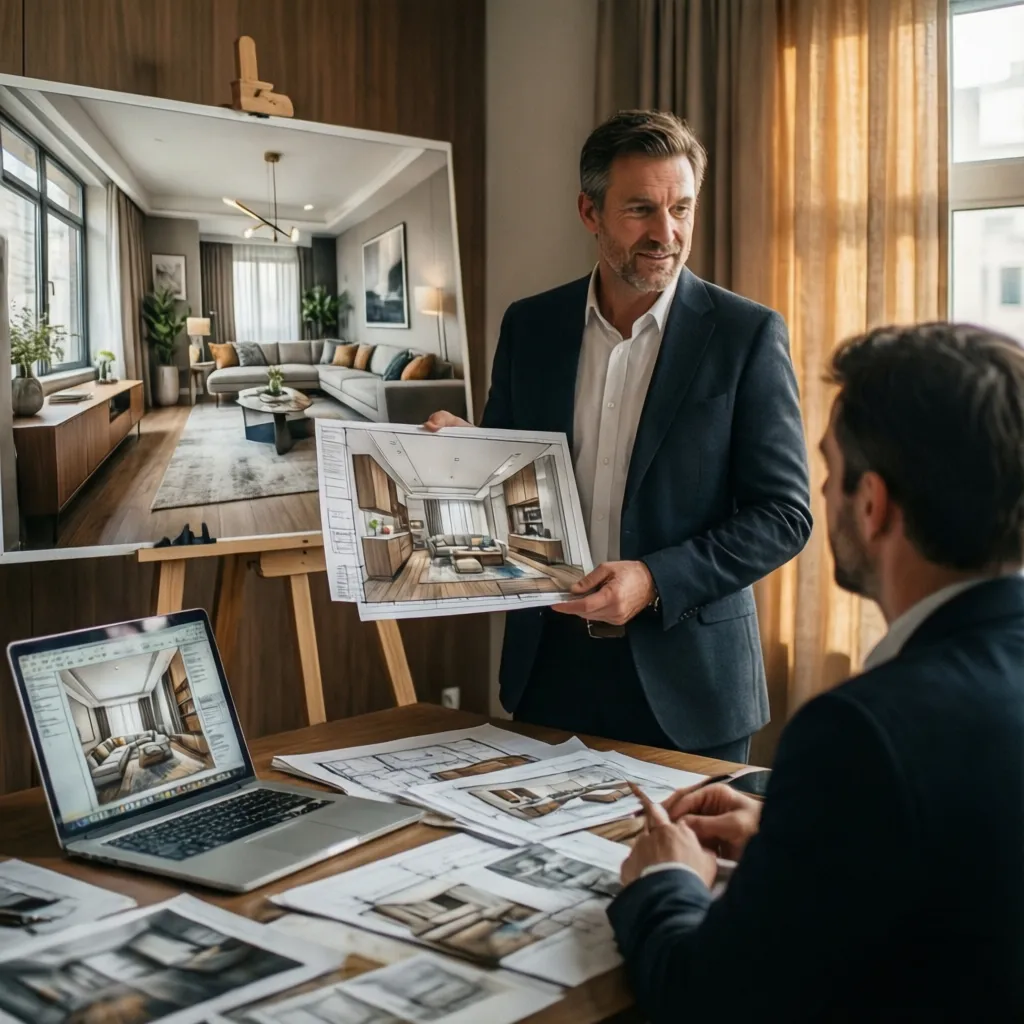 Diseñador de interiores explicando un proyecto a un cliente