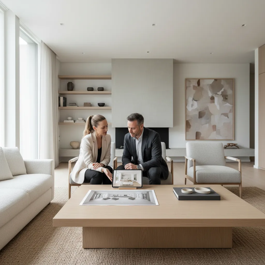 interior designer presenting plans to client in modern living room