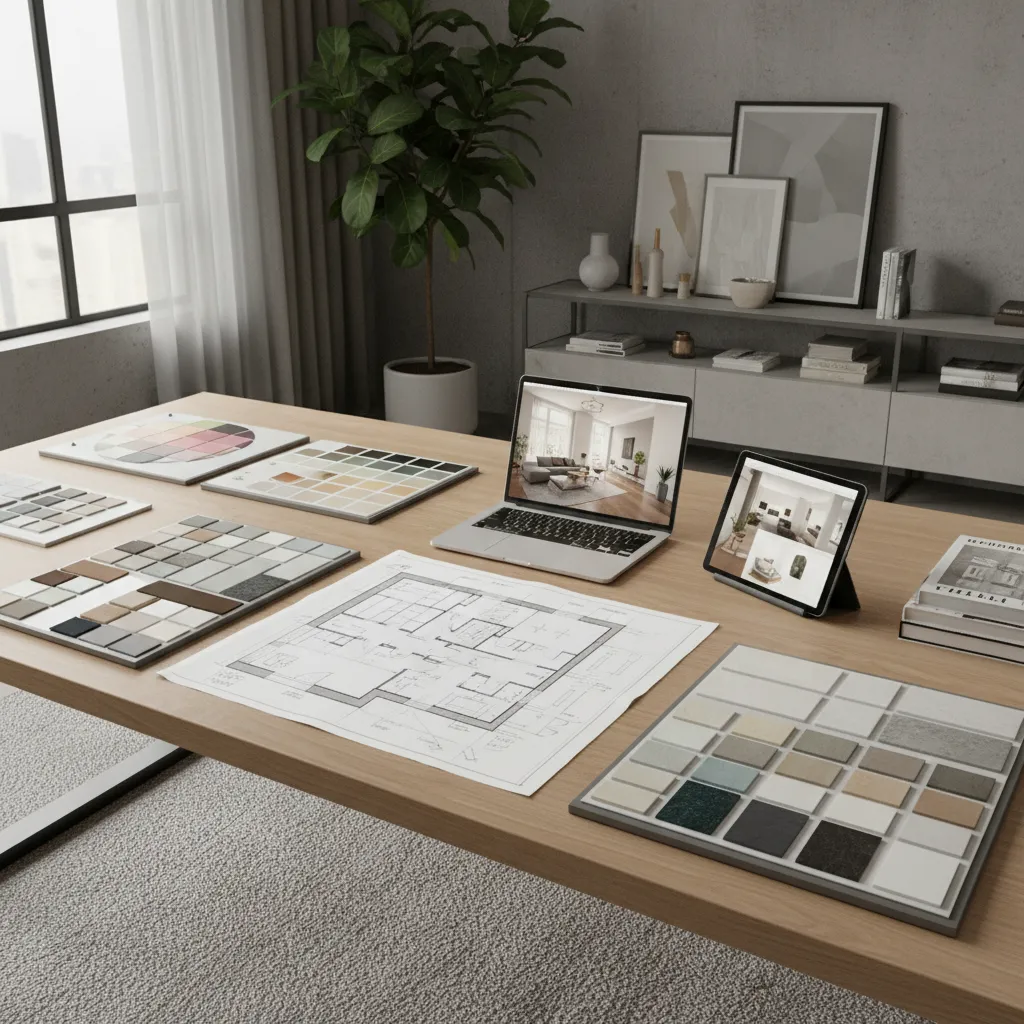 interior designer reviewing material board and sketches on desk