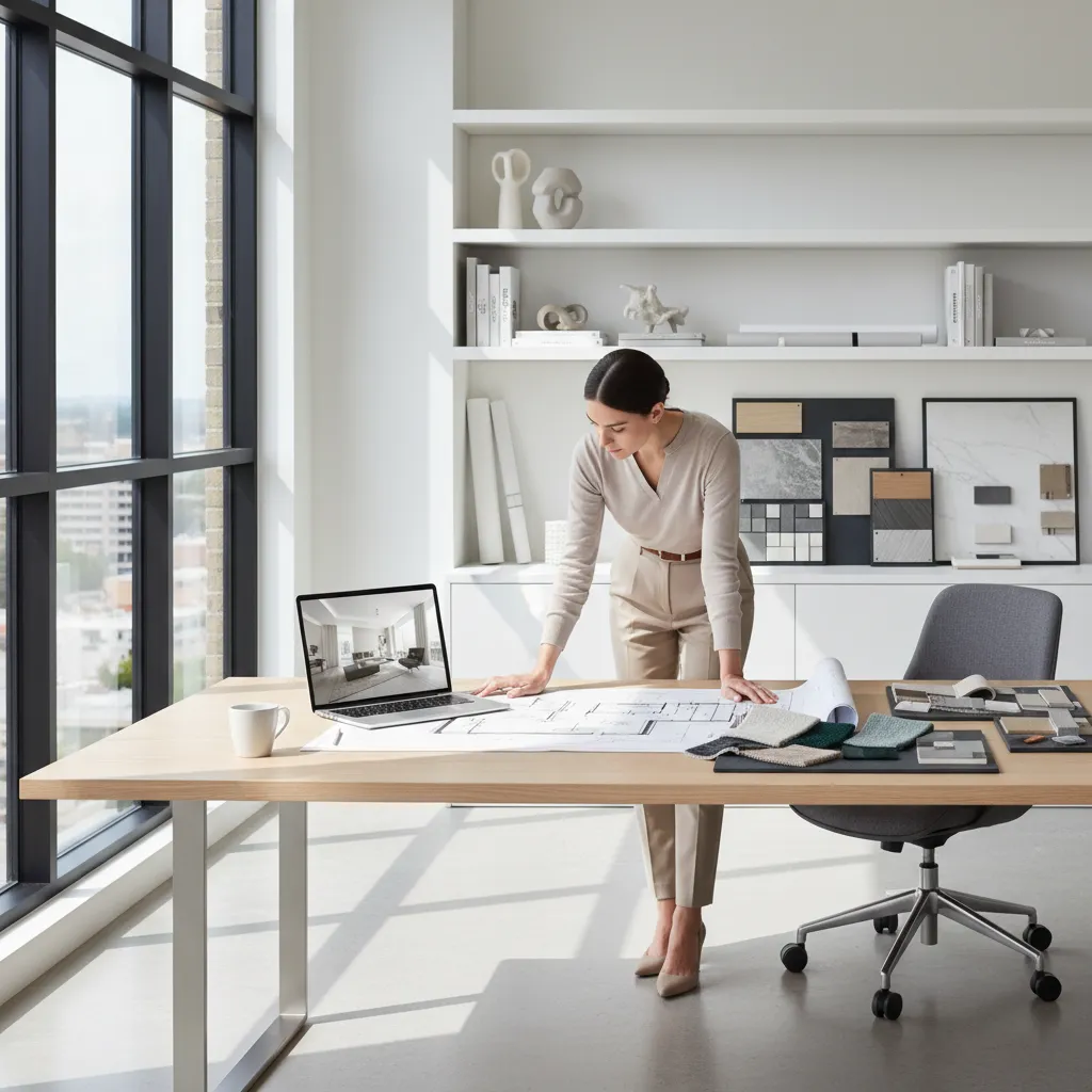 Interior designer working with floor plans and material samples on a studio desk
