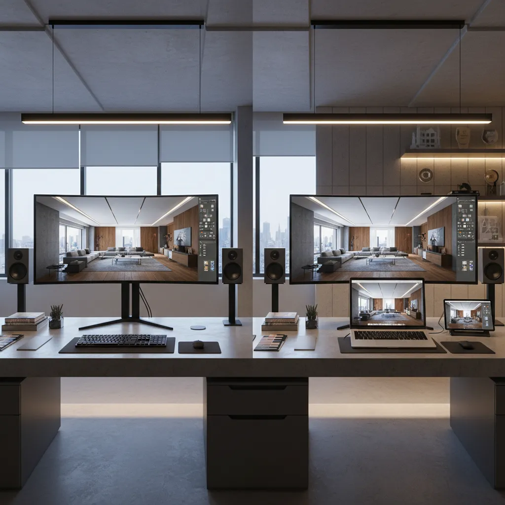 Comparación entre estación de trabajo de escritorio y portátil para diseño de interiores