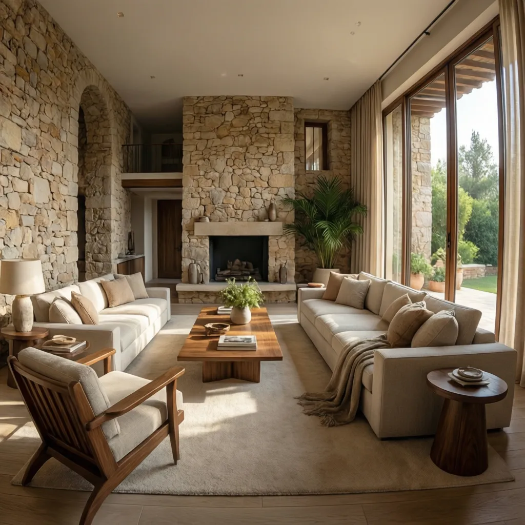 Large living room featuring stone walls fireplace white sofas wooden coffee table and big windows