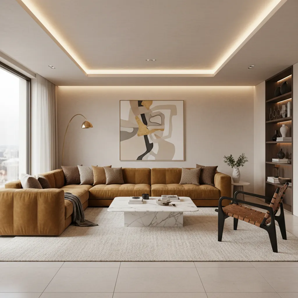 Interior contemporáneo con mezcla de texturas y mobiliario de diseño