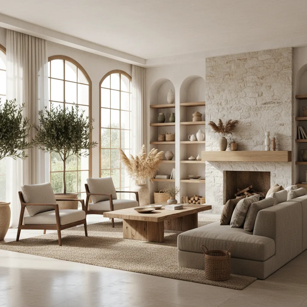Salón moderno con grandes ventanales y materiales naturales típico del diseño español