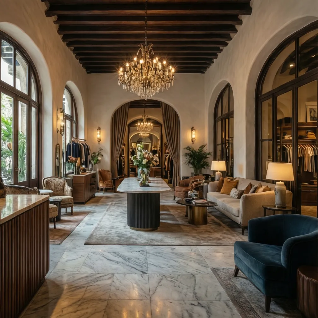 Luxury hotel lounge with marble floors wood ceiling large ceiling lights sofas and blue armchair