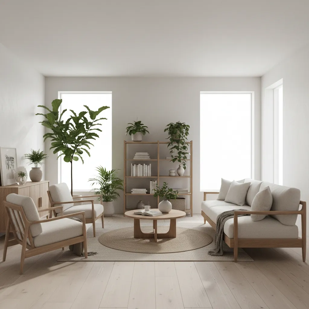 Salón moderno con materiales naturales y diseño contemporáneo