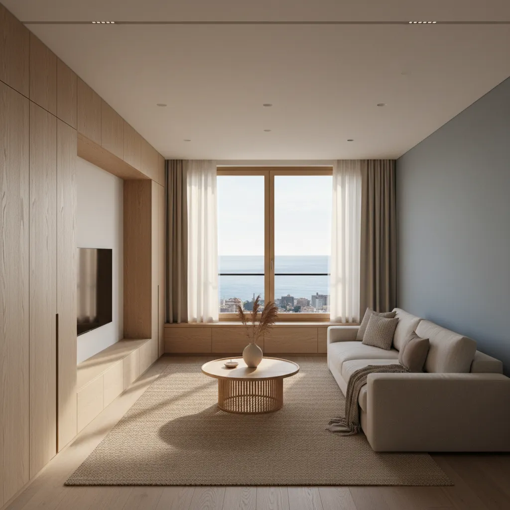 Minimalist living room with beige sofa wooden wall cabinet round coffee table and sea view