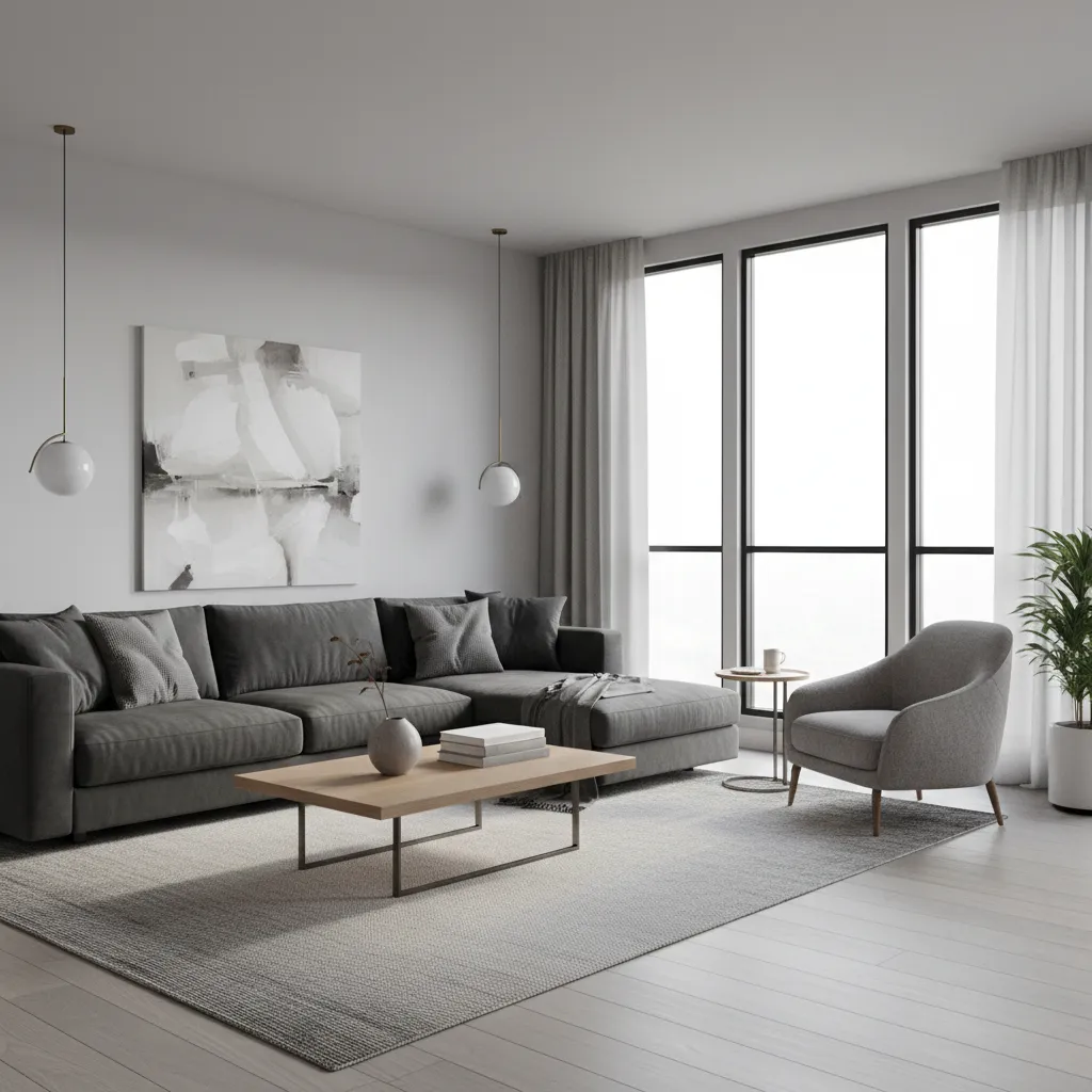 Modern living room with grey sofa wooden coffee table armchair large rug and ceiling lights