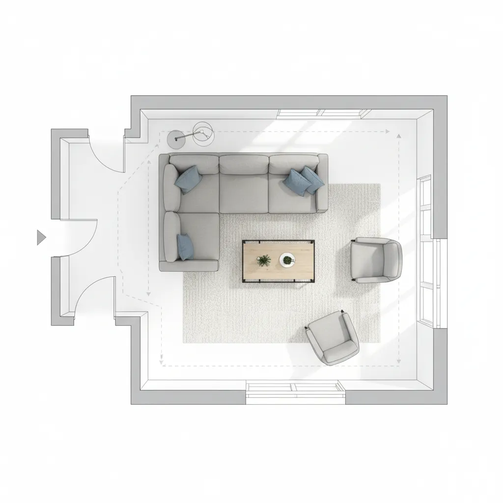 Plano de distribución de una sala con muebles organizados correctamente