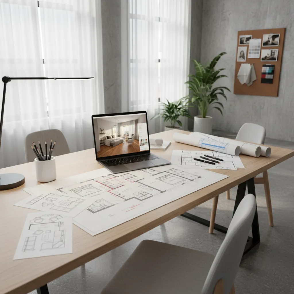 Plano y diseño de distribución de un salón con mobiliario organizado