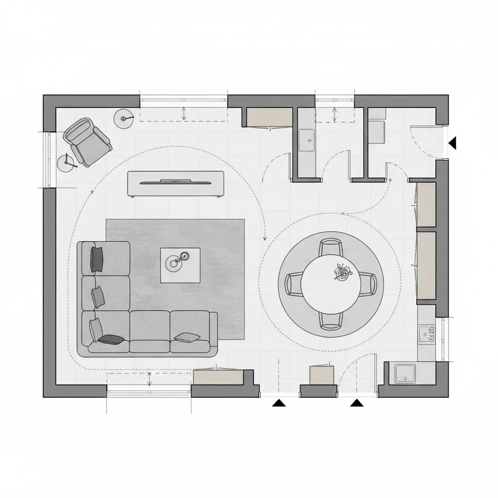 Plano de distribución de salón con muebles organizados estratégicamente
