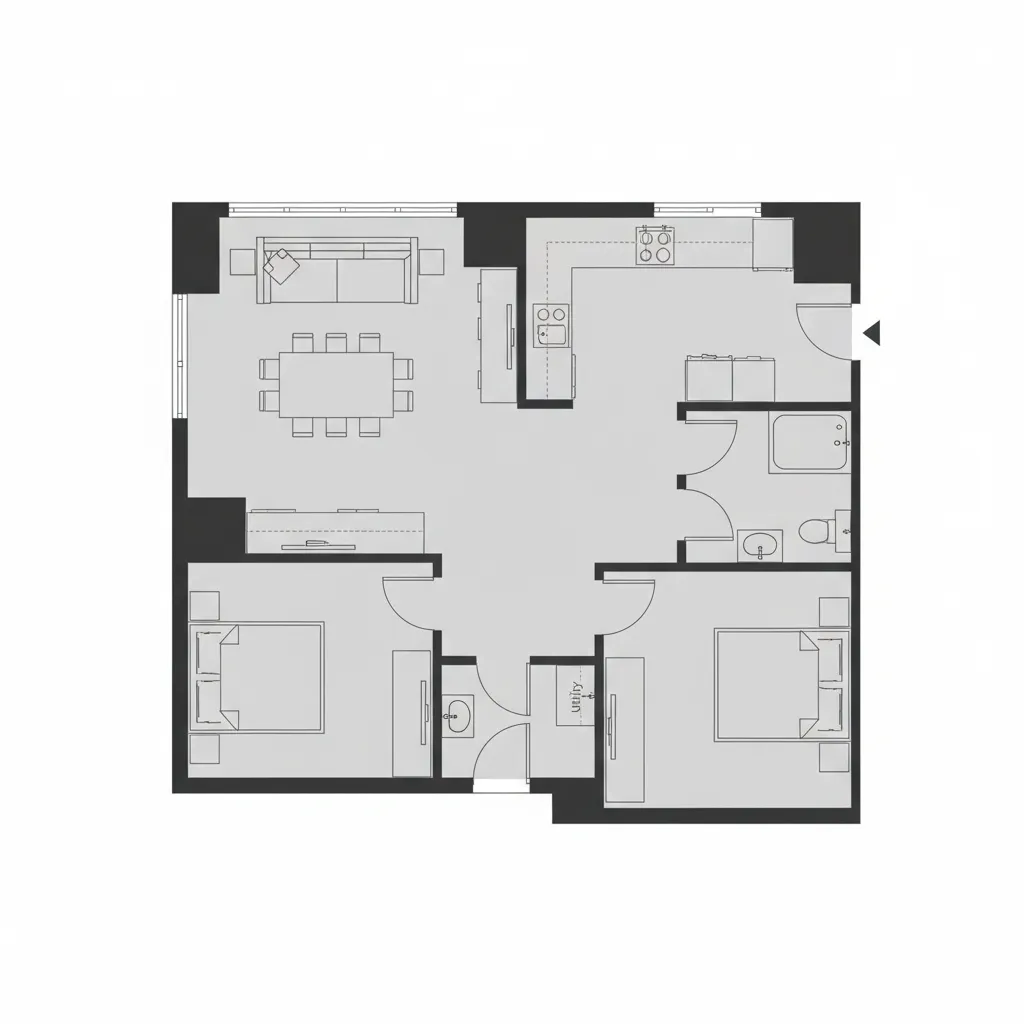 Plano de vivienda mostrando ubicación de puertas interiores