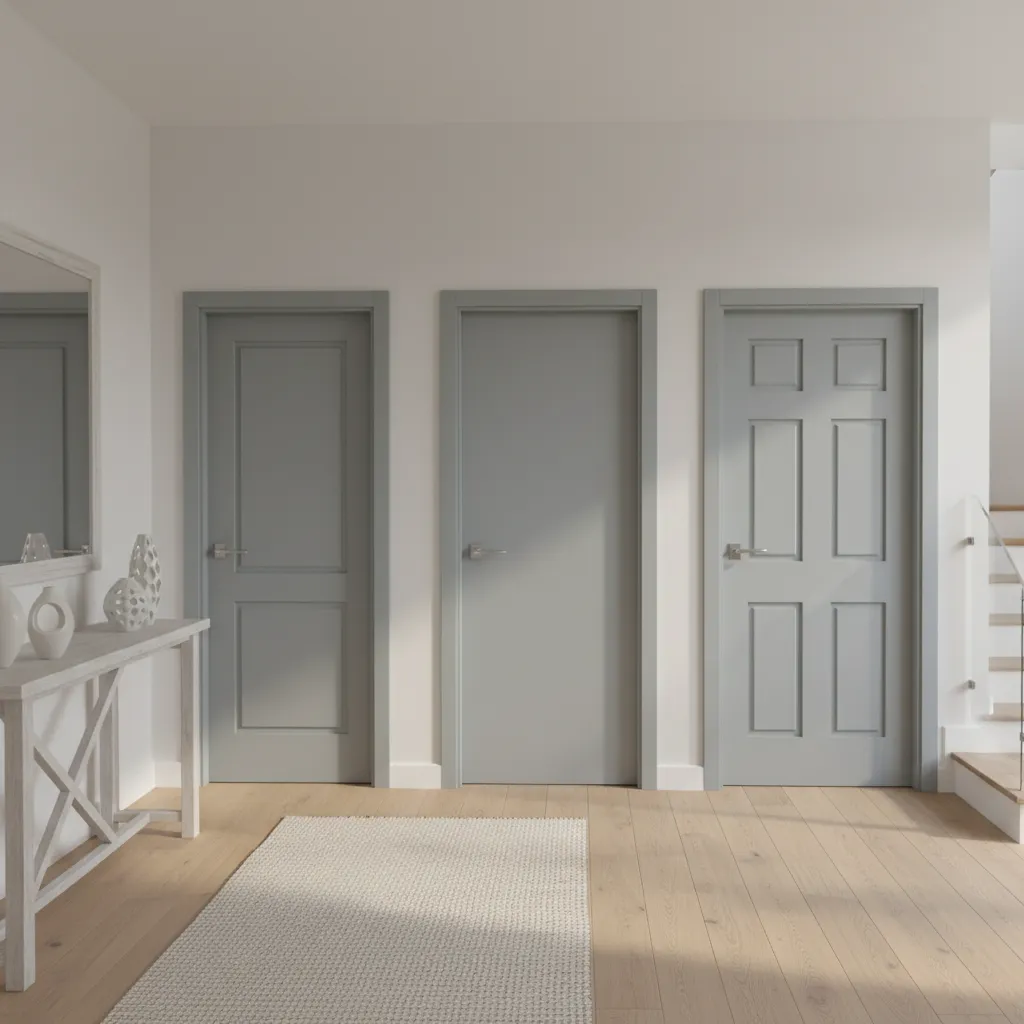 Examples of different interior door styles including shaker, flat, and panel doors