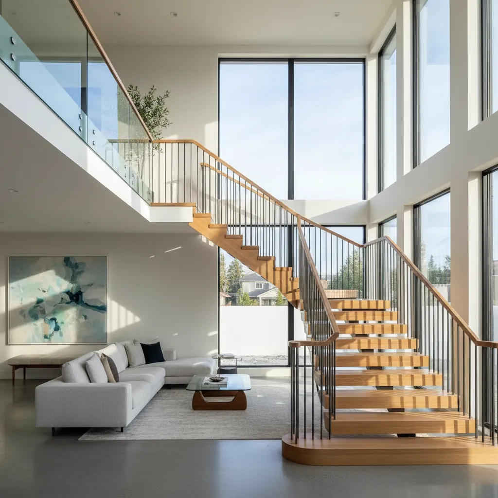 Escalera moderna conectando los dos niveles de una vivienda