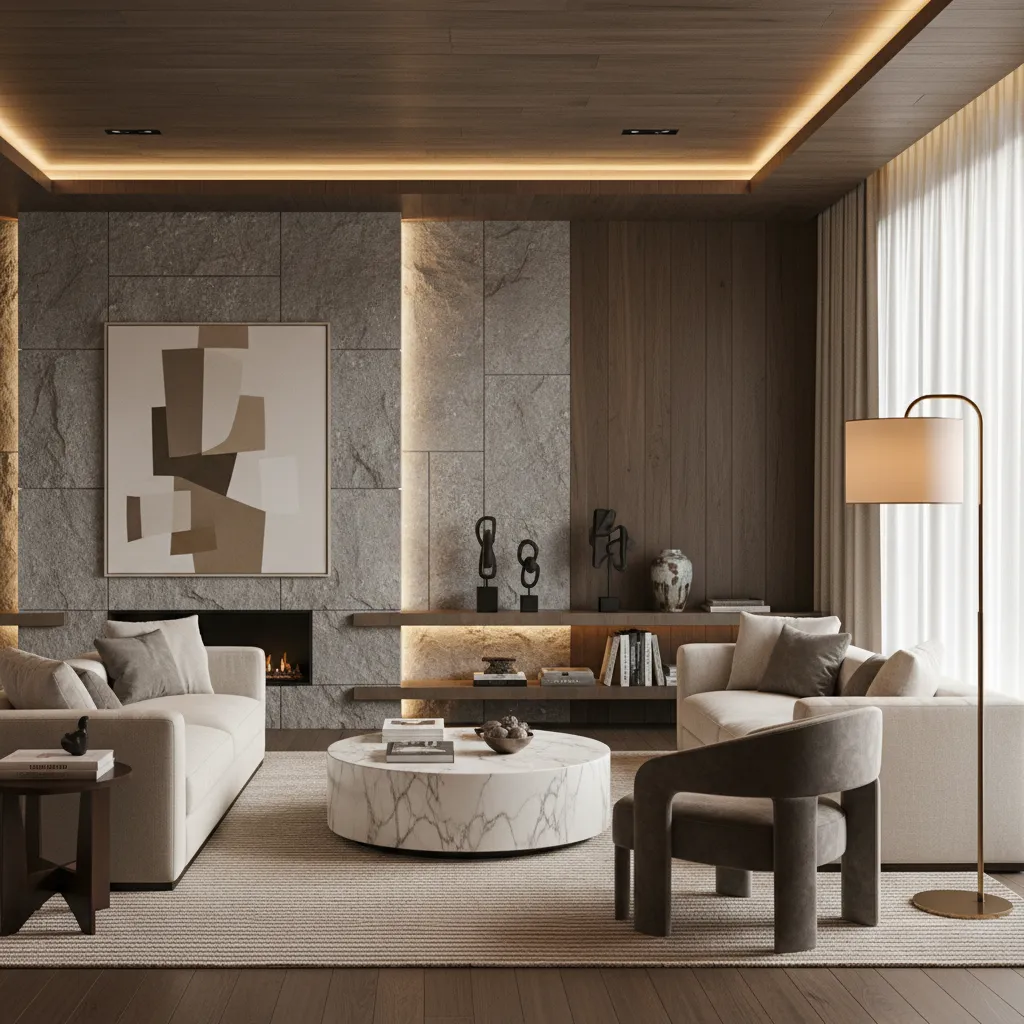 interior moderno con mezcla de materiales como madera piedra y textiles