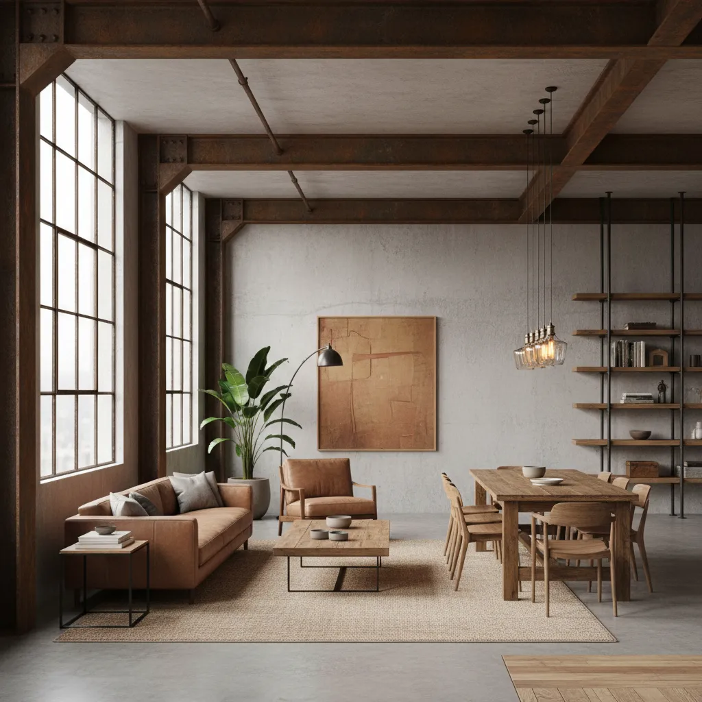 Interior estilo industrial con acero, hormigón y madera