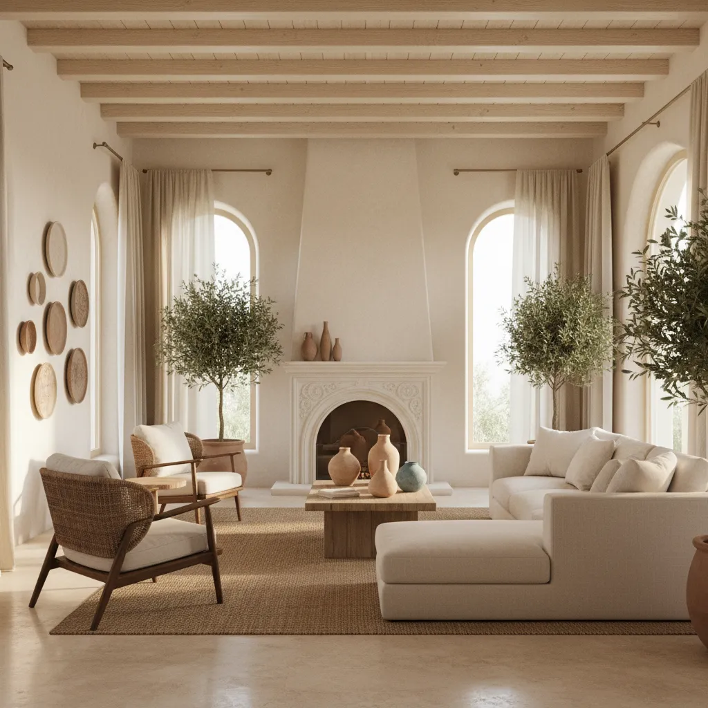 Interior moderno mediterráneo con materiales naturales y tonos cálidos