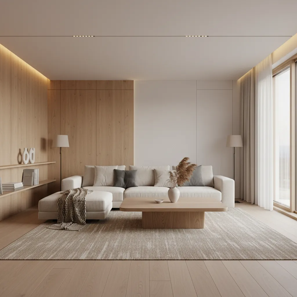 Interior minimalista con paleta de materiales naturales