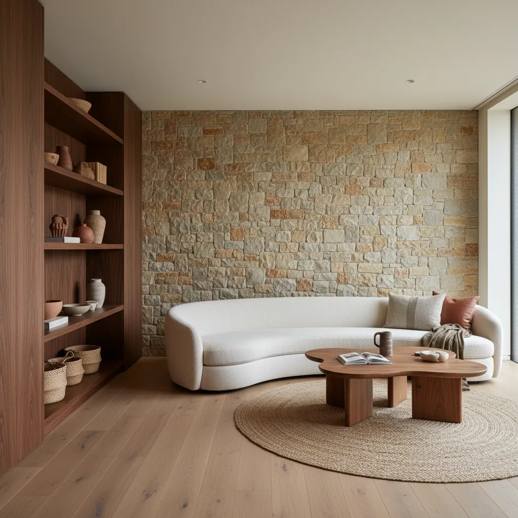 Salón con diseño interior orgánico con formas curvas y materiales naturales