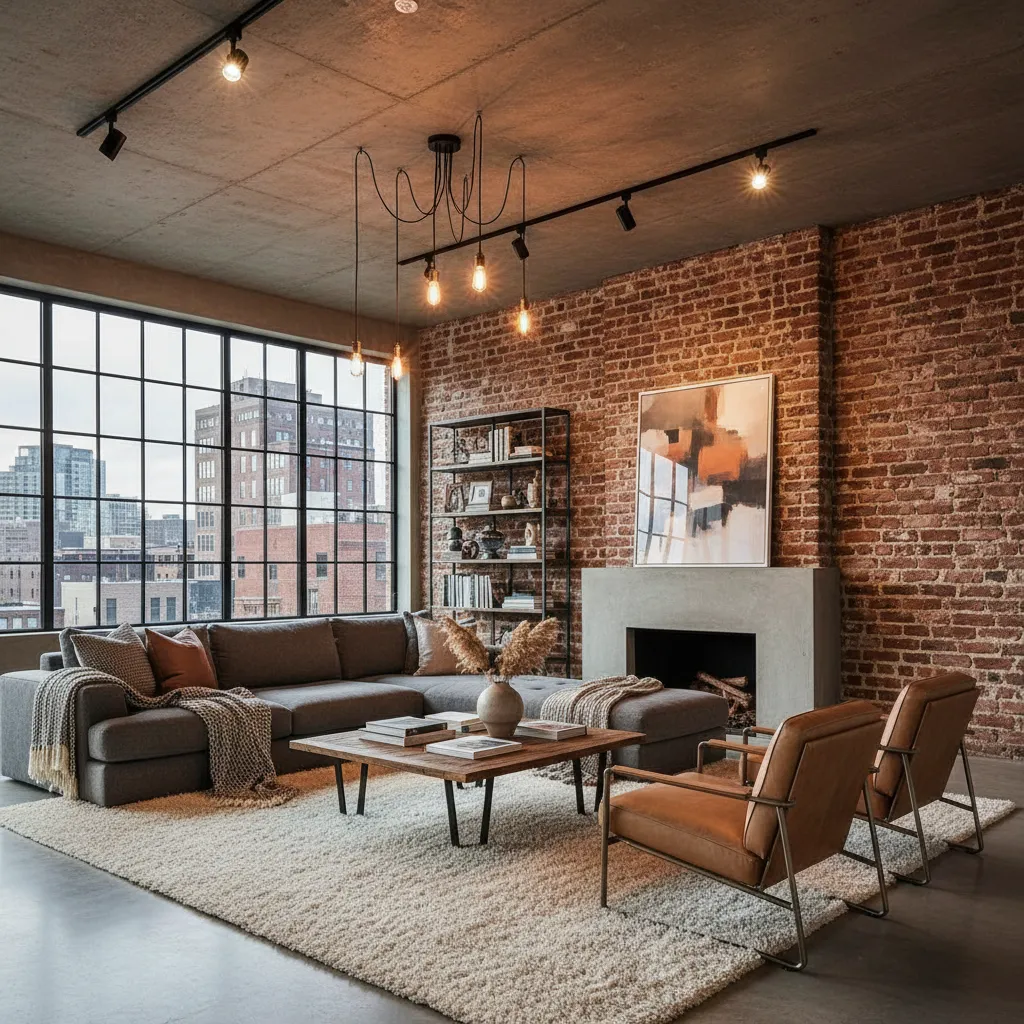 Pared interior de ladrillo visto en sala moderna