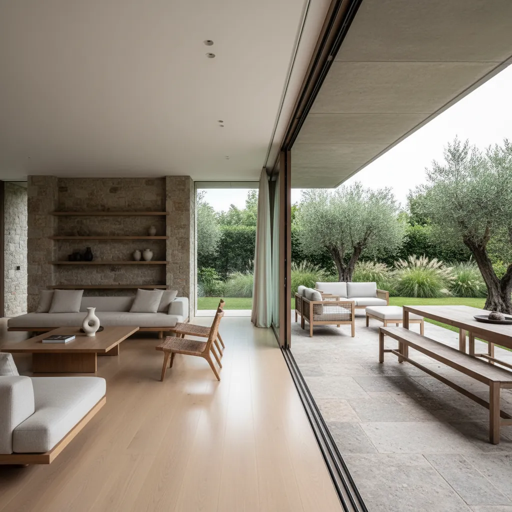 Modern living room with sliding glass doors opening to outdoor stone patio with wooden table