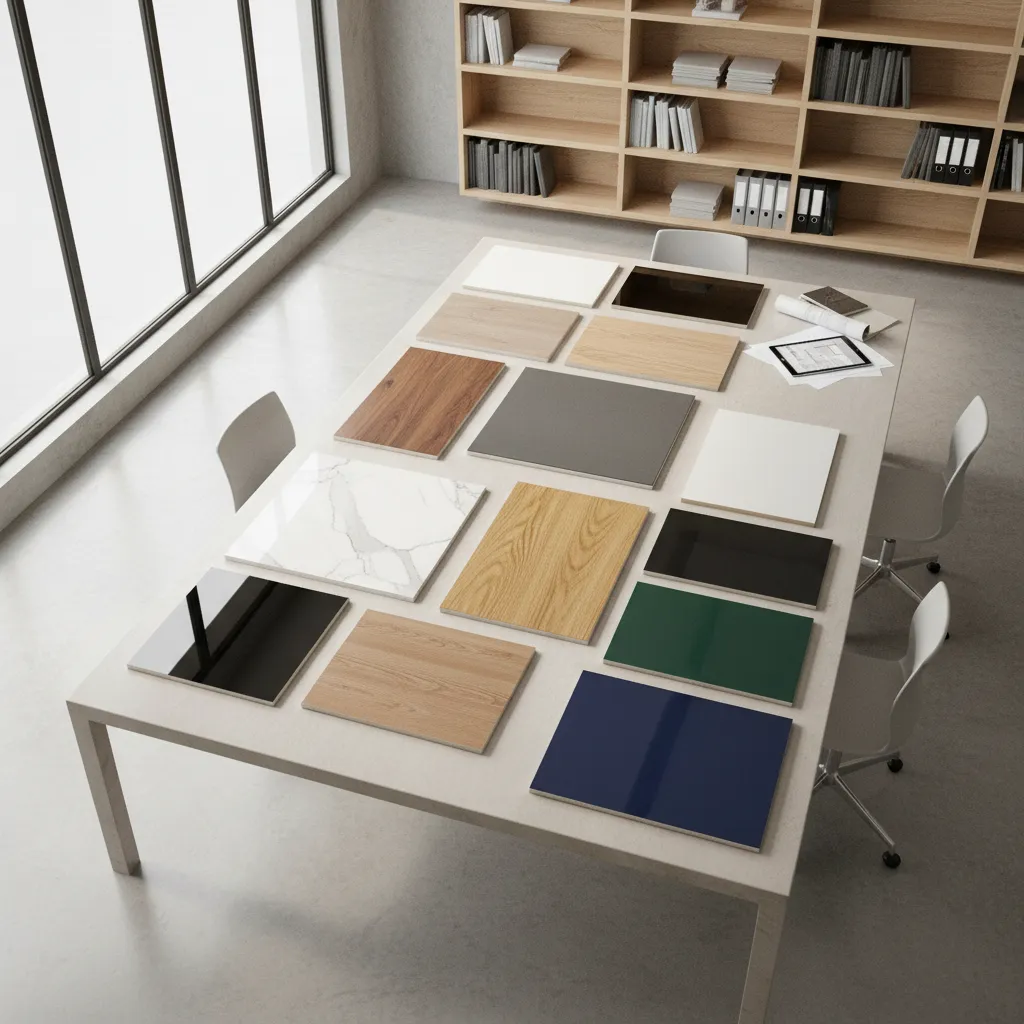 various interior finish board materials including laminate MDF veneer and acrylic samples