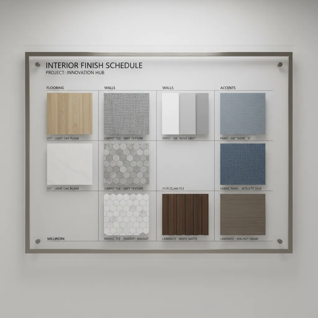 Interior design finish schedule chart showing flooring, wall, ceiling, and trim selections