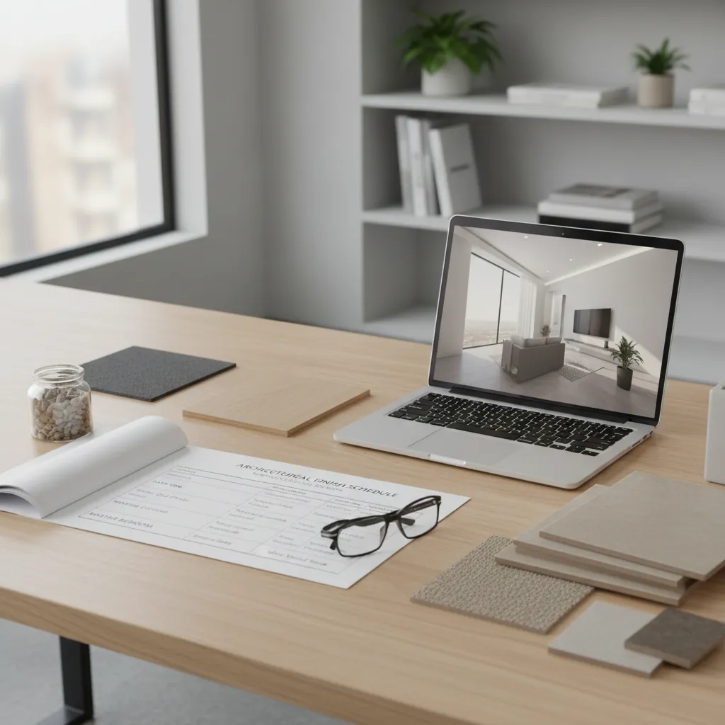 Desk with laptop displaying interior design drawing beside a schedule and various types of material
