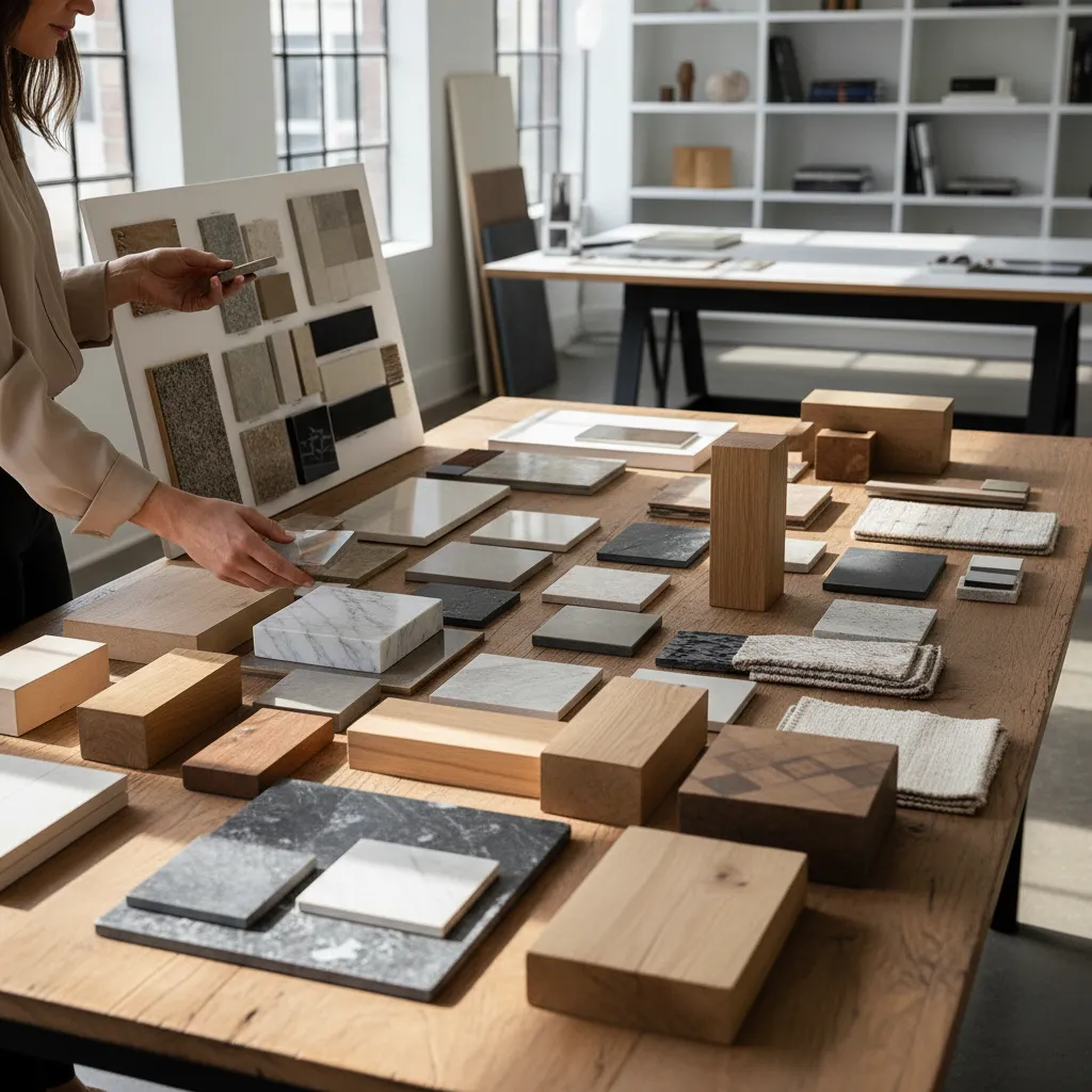 Person choosing material samples including wood and stone on a table for interior design project