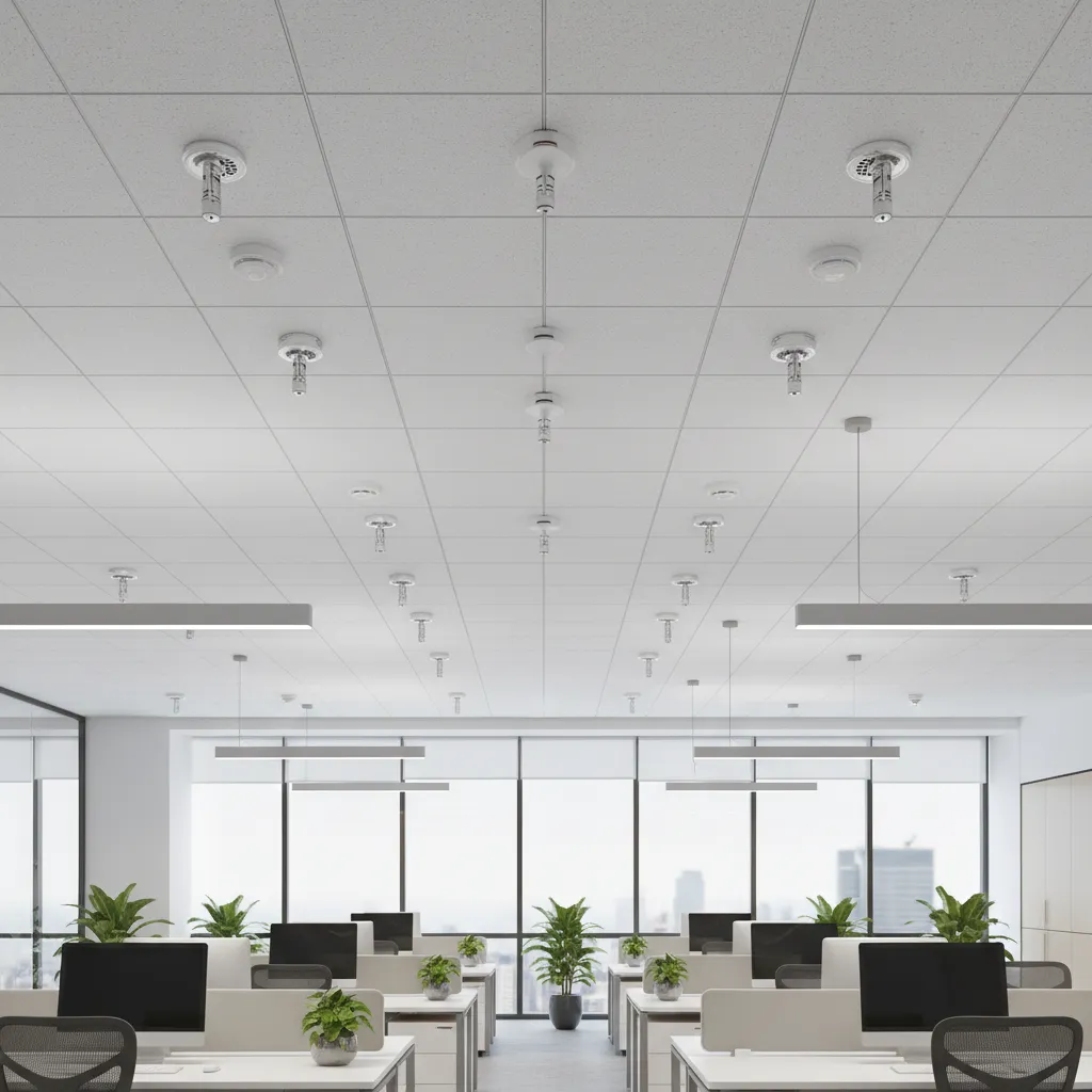 Ceiling fire sprinkler system layout in commercial interior space
