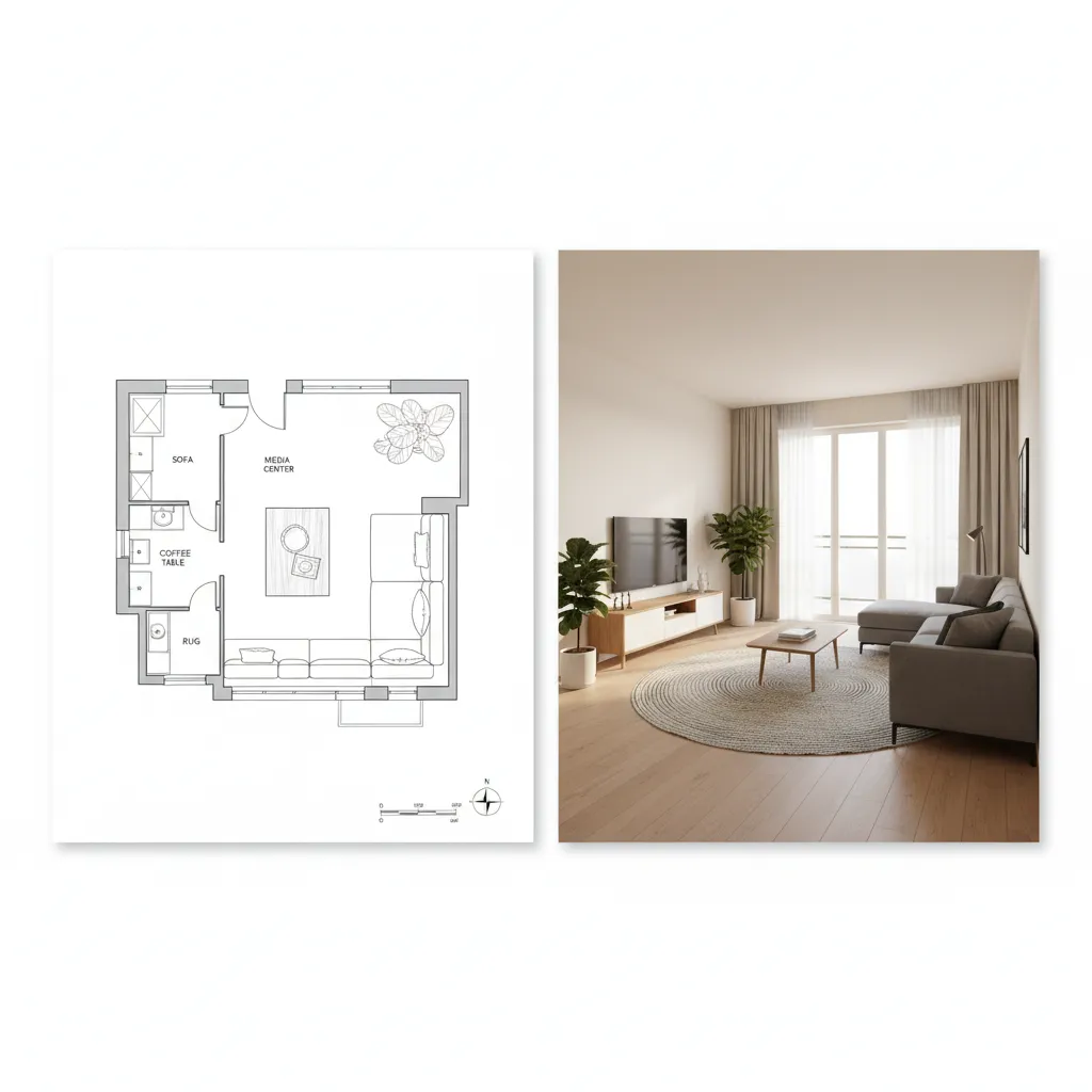 Side by side view of black and white floor plan and modern interior design drawing