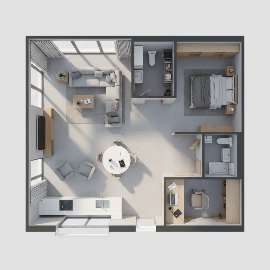 Plano de distribución de una vivienda con mobiliario