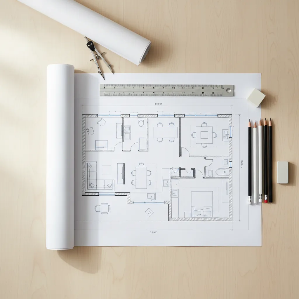 Interior design drawing of house layout with ruler compass pencils and eraser on wooden desk