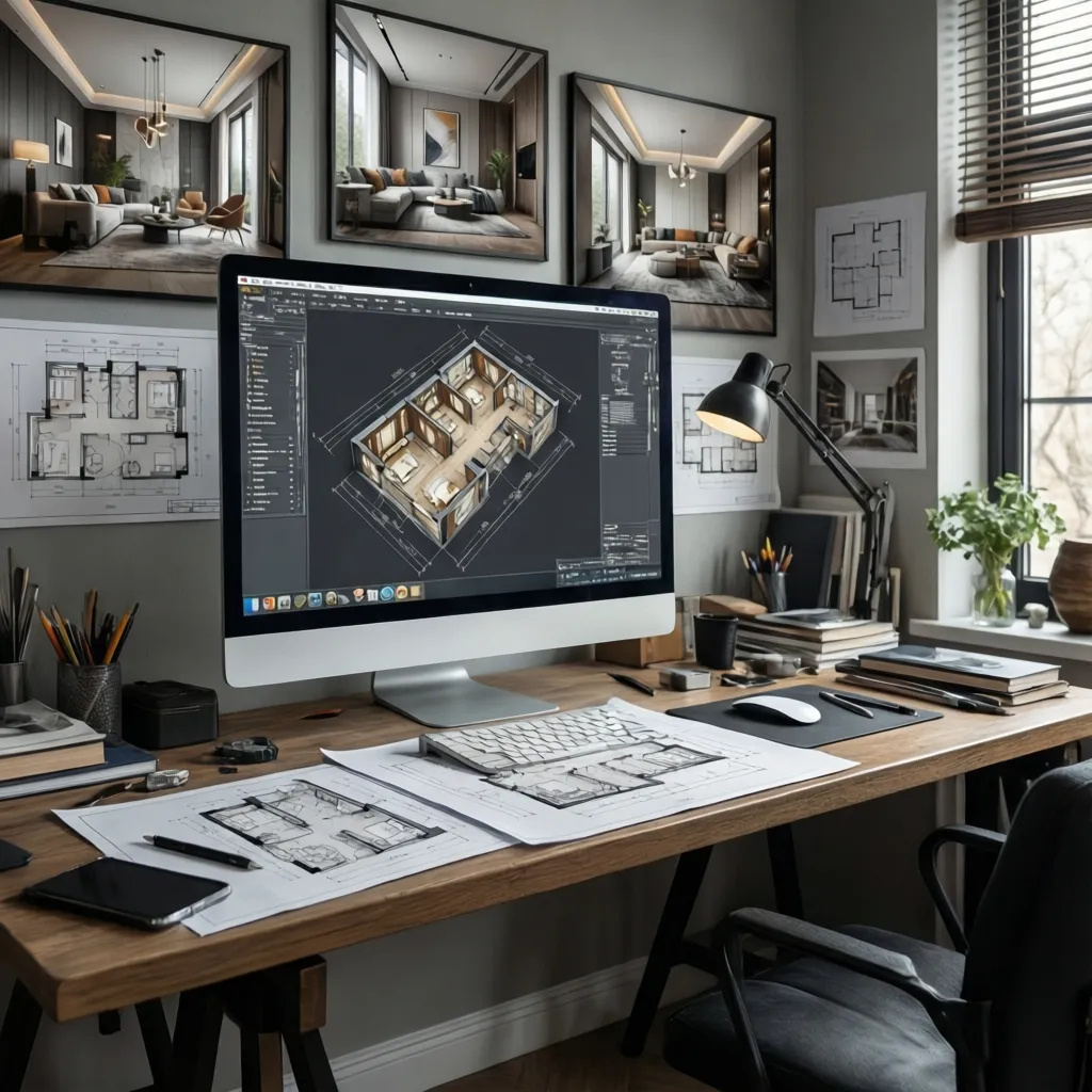 Proceso de planificación de interiores con plano 3D y diseño de espacio