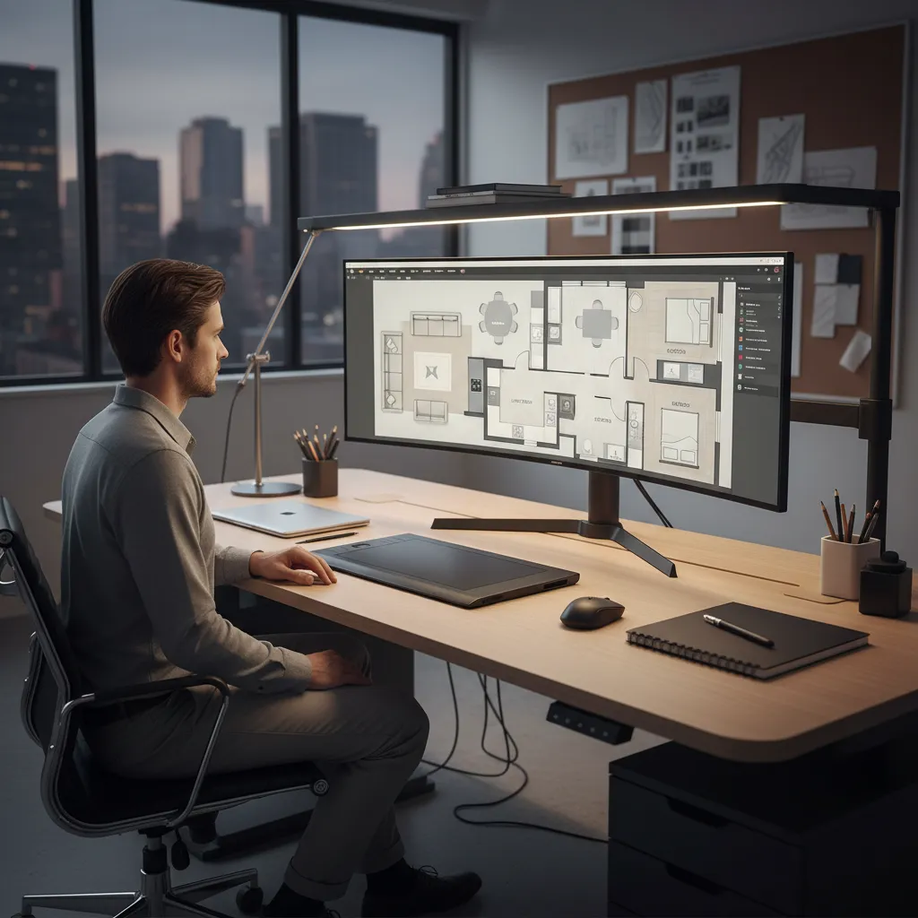 Interior designer reviewing digital floor plan and adjusting furniture placement