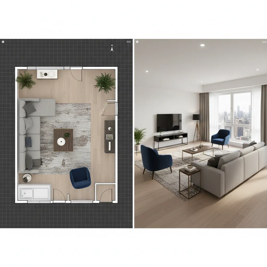 2D floor plan and 3D interior layout comparison for home design planning