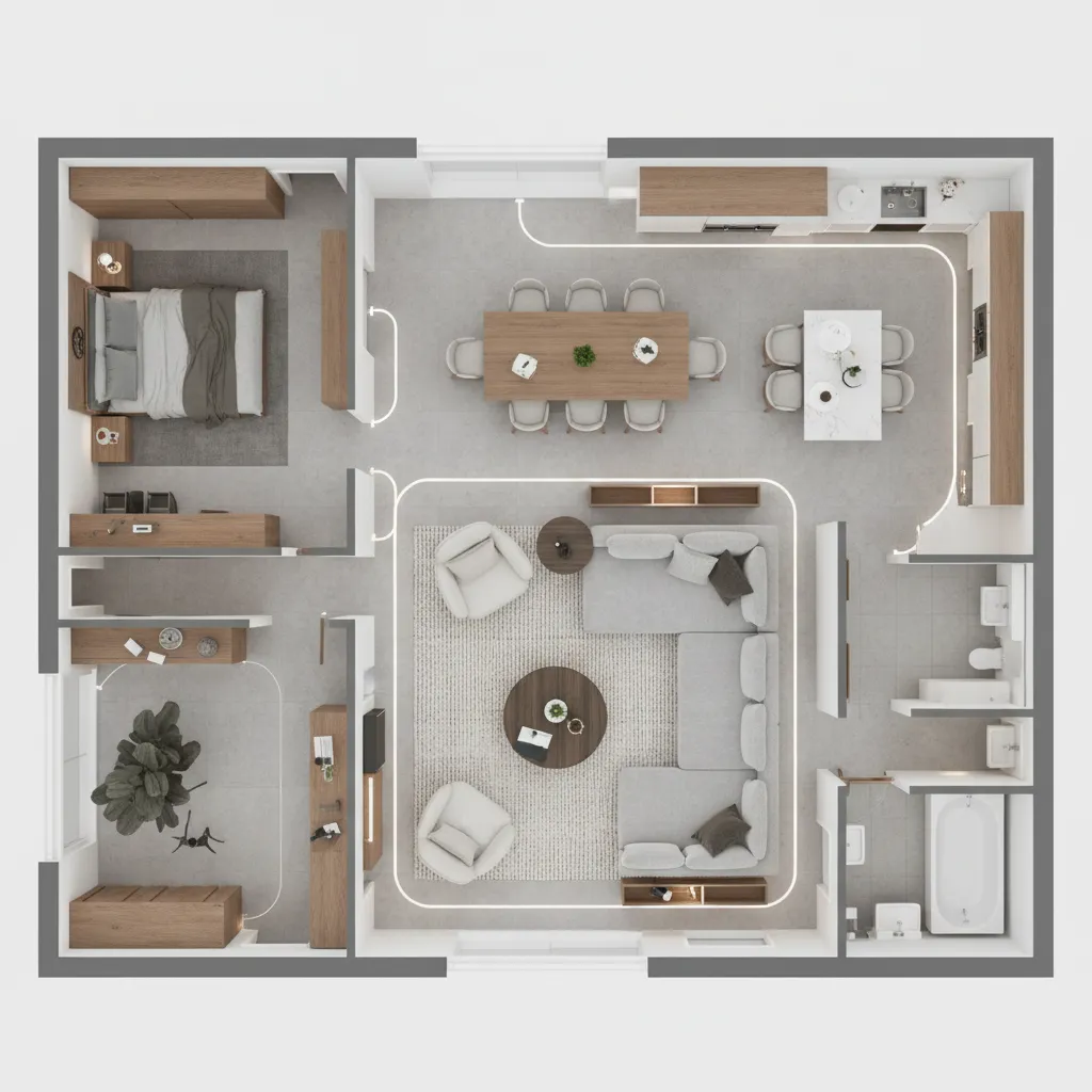 Interior floor plan zoning showing living room furniture arrangement and circulation paths