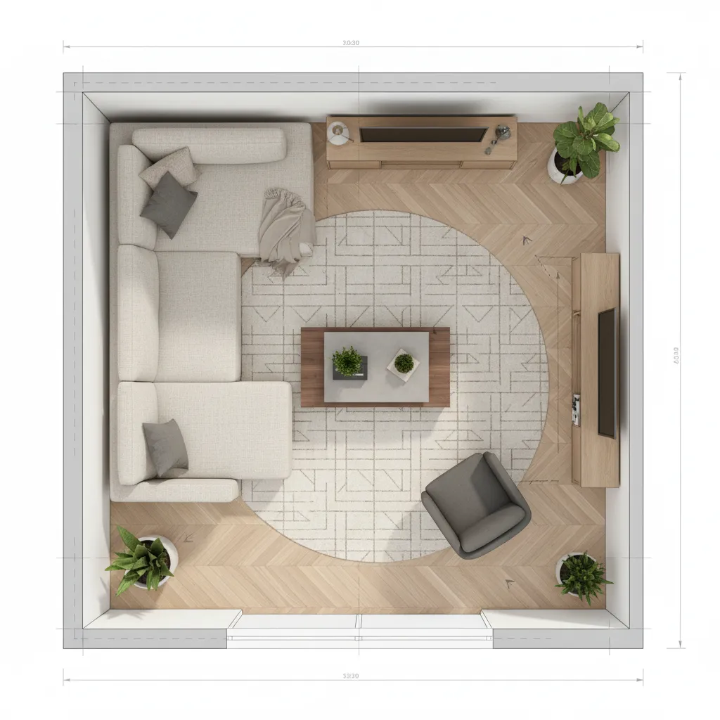 Plano de salón con distribución de sofá, mesa y circulación