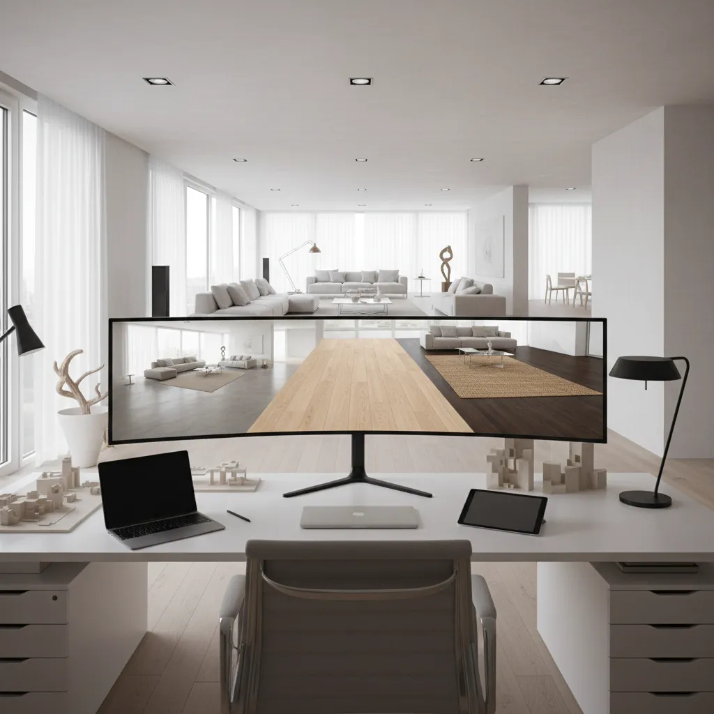 Interior design visualization comparing flooring materials in a room layout