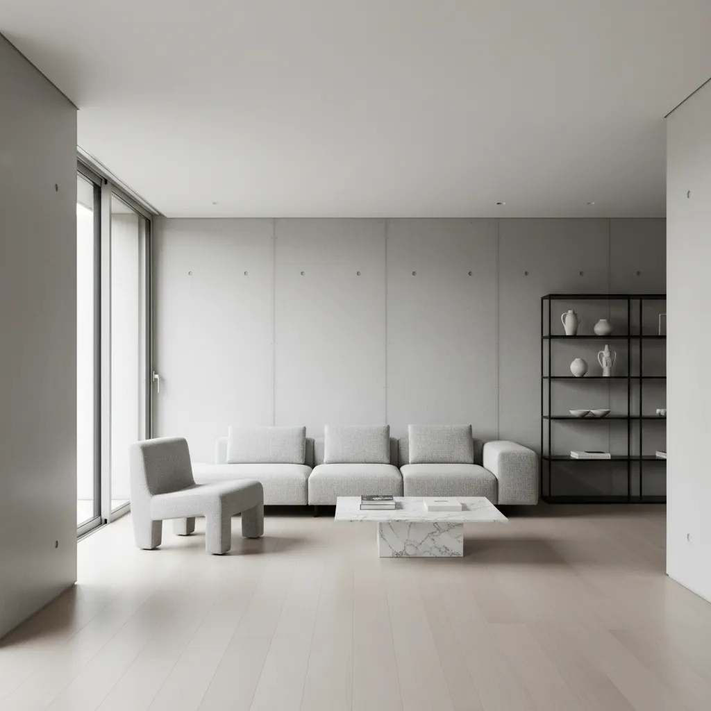 Simple living room with grey sofa, chair, marble coffee table, and black open storage shelf