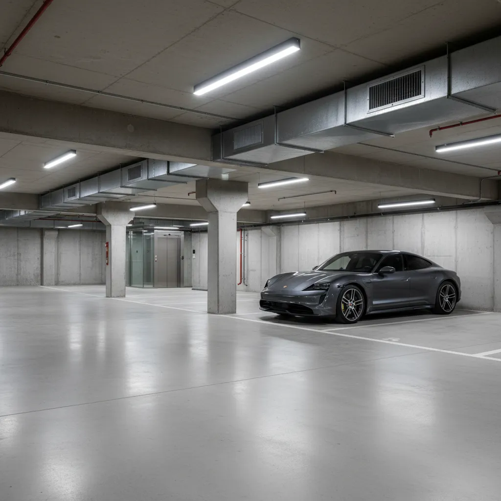 Modern underground parking garage with one grey car parked near concrete walls and light fixtures