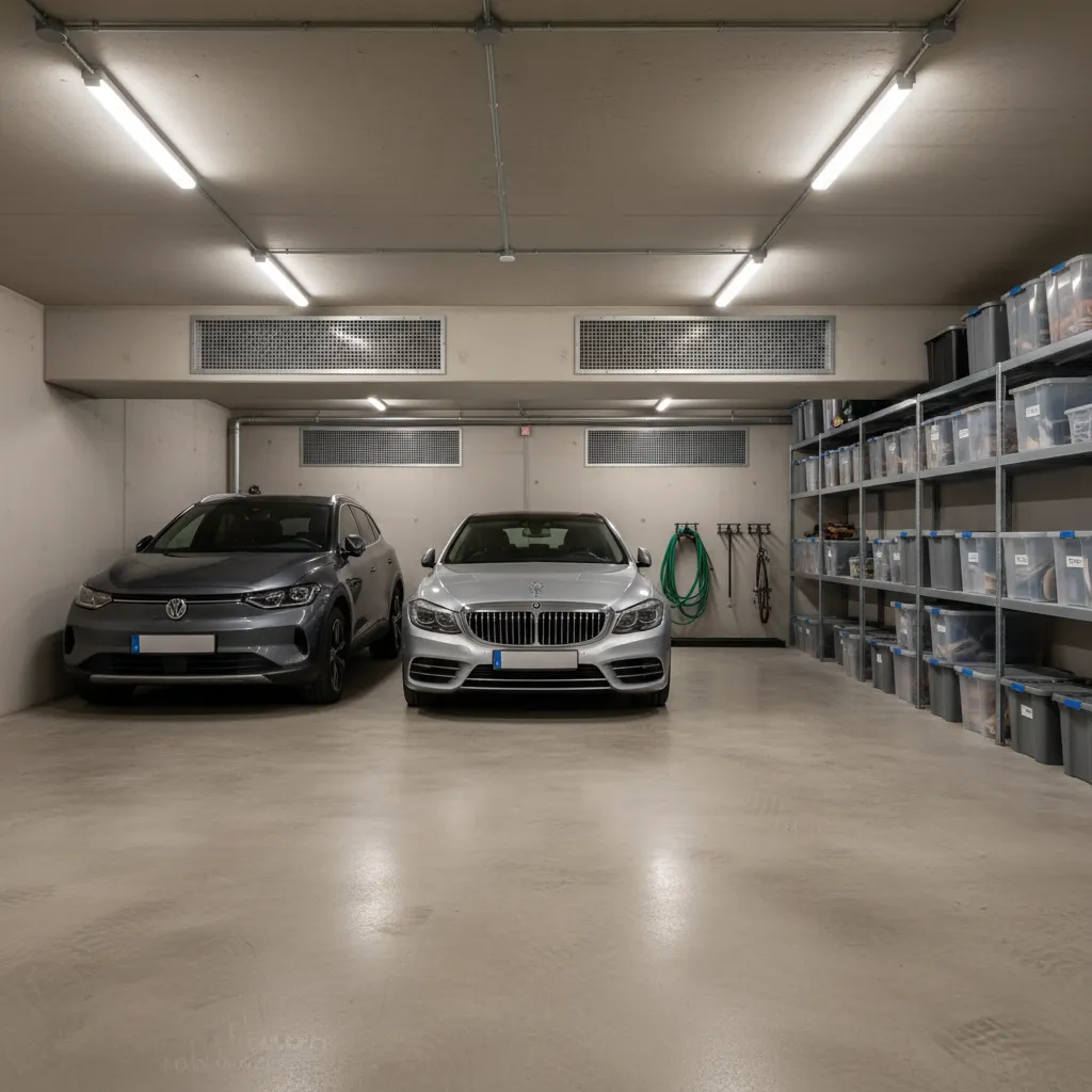 Interior garasi basement rumah dengan dua mobil dan pencahayaan baik