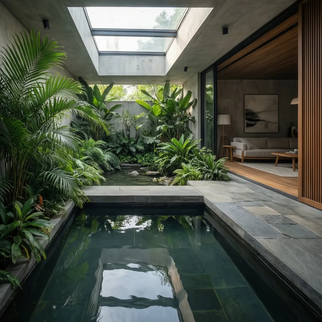 Small indoor pool with tropical garden plants plus glass roof window and a living room