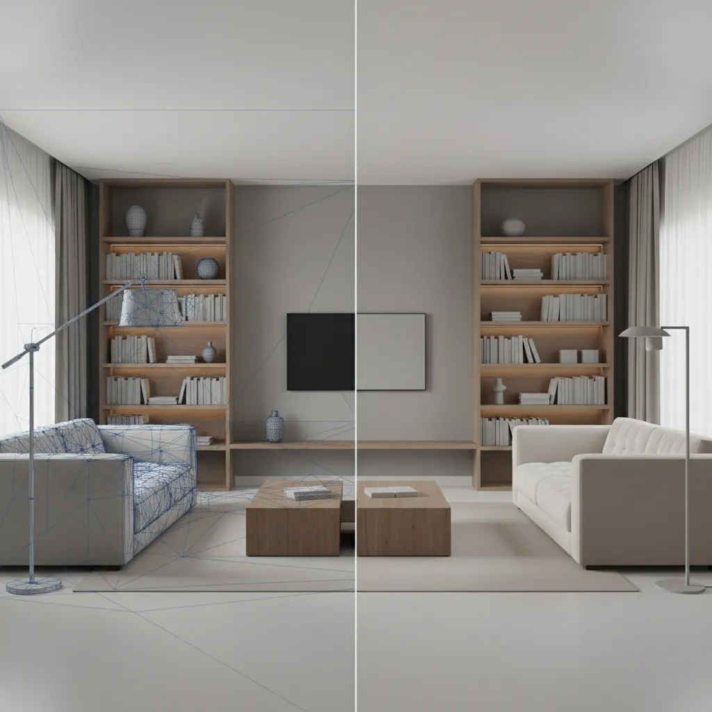 comparison between high polygon furniture models and simplified models in interior rendering